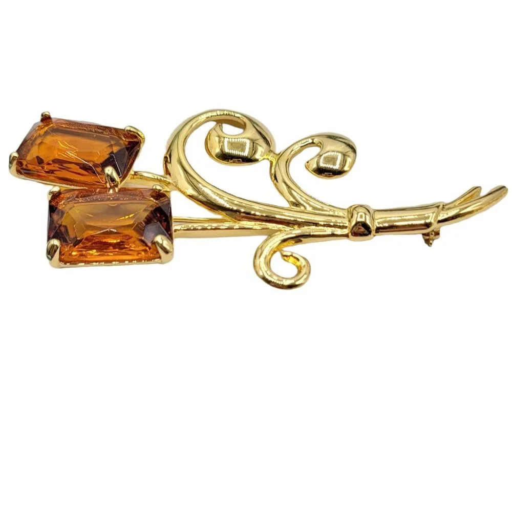 Nolan Miller Floral Topaz Faceted Glass Rhinestone Large Pin Brooch Signed